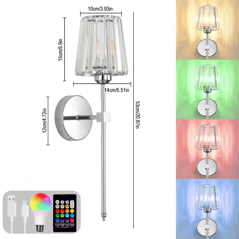 LED RGB Rechargeable Wall Lamp Dazzling Crystal Shade Crystal Wall Sconce